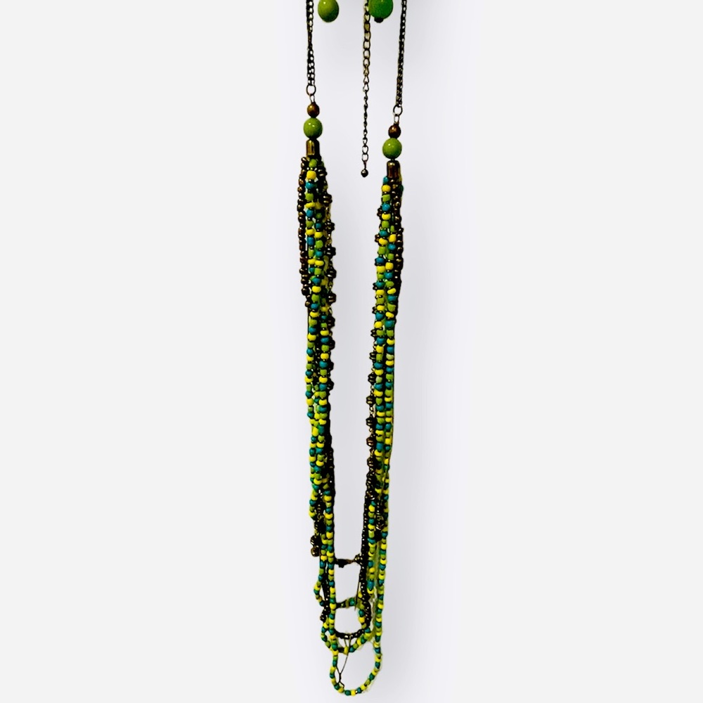 Bright Yellow, Green, Turquoise, and Copper Beaded Necklace and Dangle Earrings.